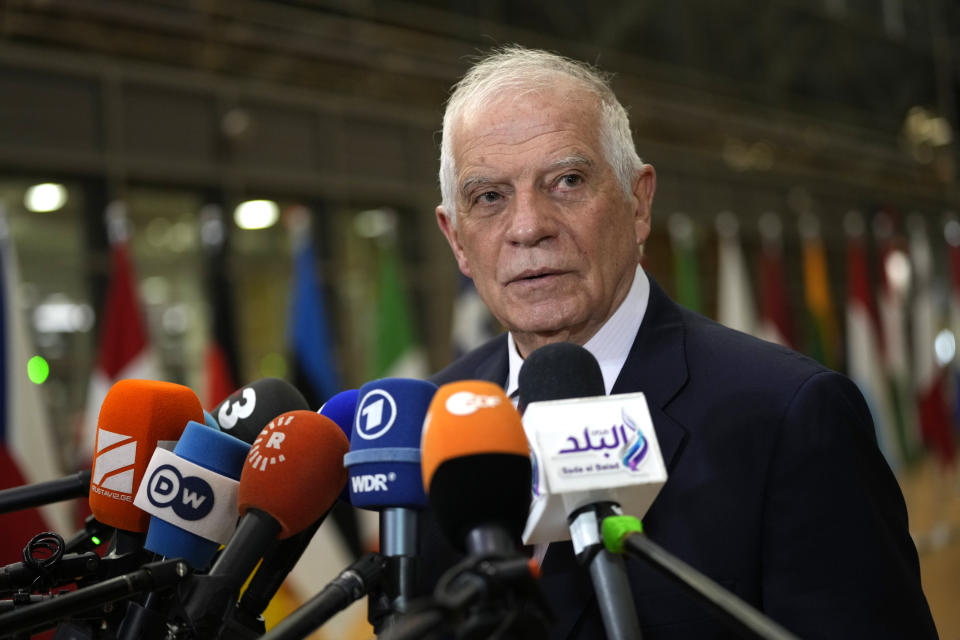 European Union foreign policy chief Josep Borrell speaks as he arrives for a meeting of EU foreign ministers at the European Council building in Brussels, Monday, Jan. 22, 2024. European Union Foreign Affairs Ministers meet in Brussels on Monday to discuss the situation in the Middle East and in Ukraine. (AP Photo/Virginia Mayo)