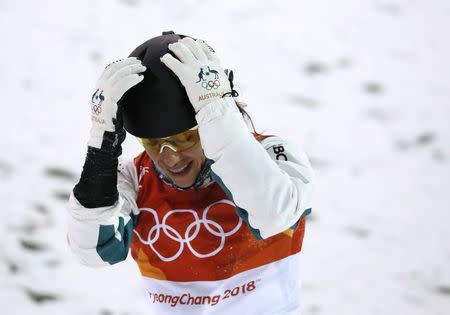 Freestyle Skiing - Pyeongchang 2018 Winter Olympics - Women's Aerials Qualifications - Phoenix Snow Park - Pyeongchang, South Korea - February 15, 2018. Lydia Lassila of Australia reacts. REUTERS/Issei Kato