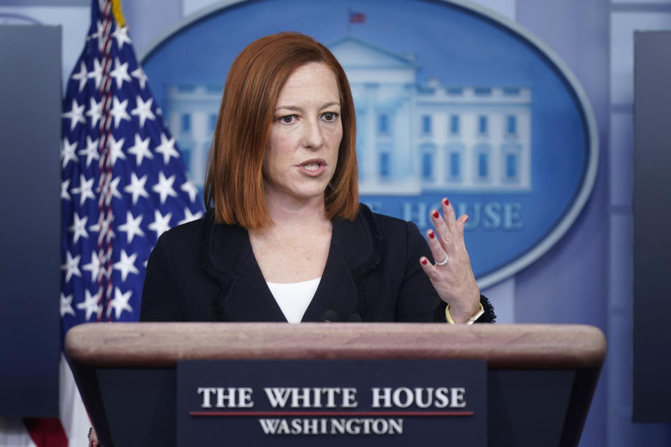 White House press secretary Jen Psaki speaks during a press briefing at the White House, Friday, March 5, 2021, in Washington. (AP Photo/Patrick Semansky)