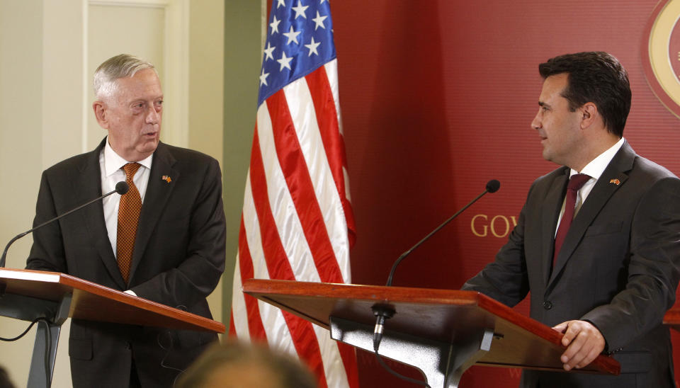 U.S. Defense Secretary James Mattis, left, talks to the media in presence of Macedonian Prime Minister Zoran Zaev, right, following their meeting at the government building in Skopje, Macedonia, Monday, Sept. 17, 2018. Mattis arrived in Macedonia Monday and condemned Russian efforts to use its money and influence to build opposition to an upcoming vote that could pave the way for the country to join NATO, a move Moscow opposes. (AP Photo/Boris Grdanoski)