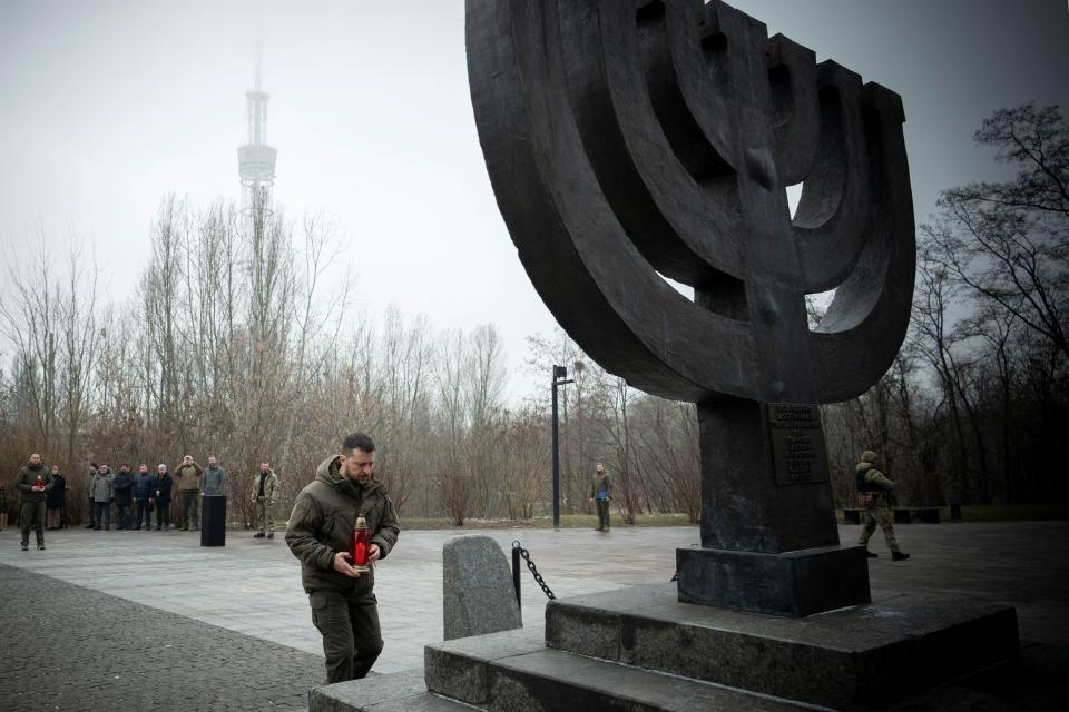 Ukraine's President Volodymyr Zelenskiy takes part in a commemoration ceremony for the Holocaust victims in Babyn Yar (Babiy Yar) on January 27, 2023. (via REUTERS)