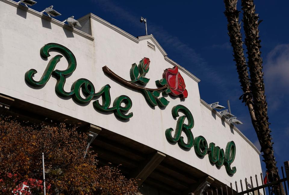 The Rose Bowl stadium in Pasadena, Calif. is set to host a matchup betwen the Ohio State Buckeyes and Utah Utes on Jan. 1, 2022.