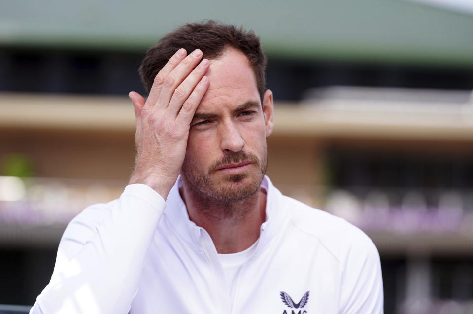 El británico Andy Murray en conferencia de prensa antes del inicio de Wimbledon en el All England Club el domingo 30 de junio del 2024. (Mike Egerton/PA via AP)