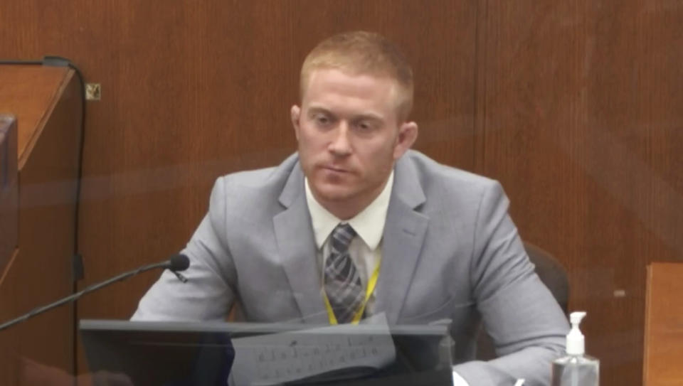 In this image from video, witness Derek Smith answers questions as Hennepin County Judge Peter Cahill presides Thursday, April 1, 2021, in the trial of former Minneapolis police Officer Derek Chauvin at the Hennepin County Courthouse in Minneapolis, Minn. Chauvin is charged in the May 25, 2020 death of George Floyd. (Court TV via AP, Pool)