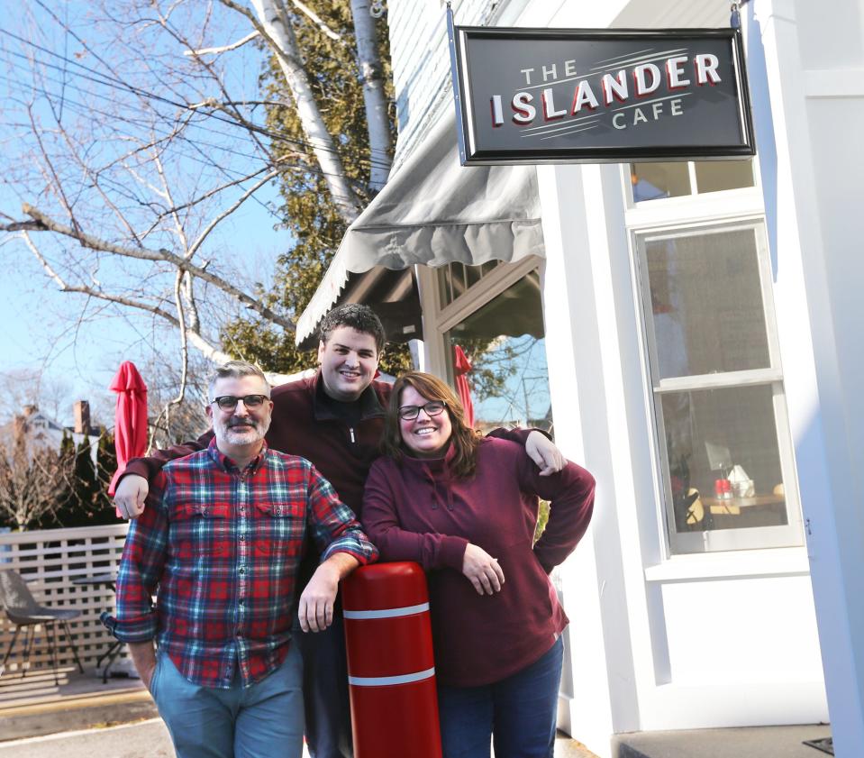 The owners of Lil's Cafe in Kittery, Deb McCluskey, right, and her son, Michael McCluskey, center, are seen Wednesday, Dec. 21, 2022, after buying The Islander Cafe in New Castle from Doug Palardy. In 2024, they are taking over Sunrise Pointe Cafe of Dover, which they will rebrand as Stella's Cafe.