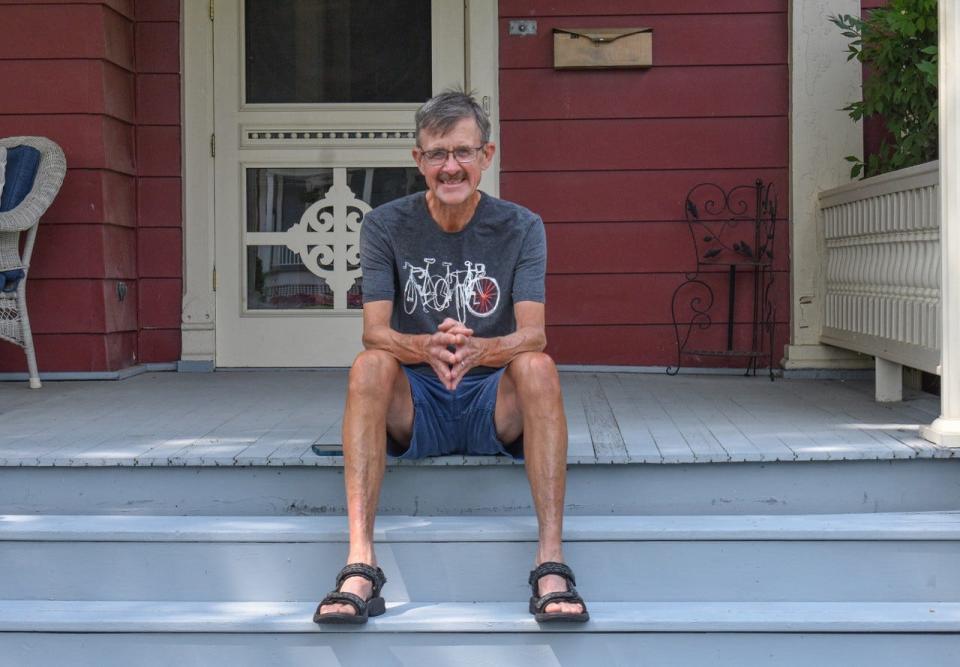 Ed Chimahusky rests at his Fremont home on Aug. 2 after completing a 3,944-mile cross-country bike trip that ended on July 26.