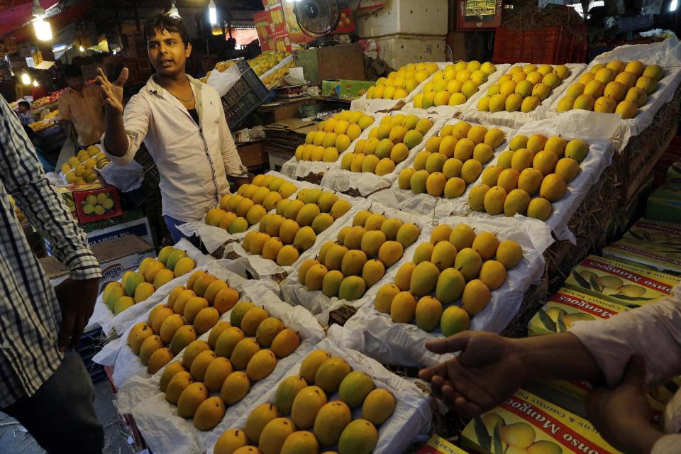 In this Tuesday, May 6, 2014 photo, an Indian vendor talks to a customer as Alphonso mangoes are displayed at a whole sale market in Mumbai, India. Starting May 1, the EU banned imports of Indian mangoes including the Alphonso, considered the king of all the mango varieties available in South Asia. The ban was implemented because a large number of shipments were contaminated with fruit flies. (AP Photo/Rajanish Kakade)