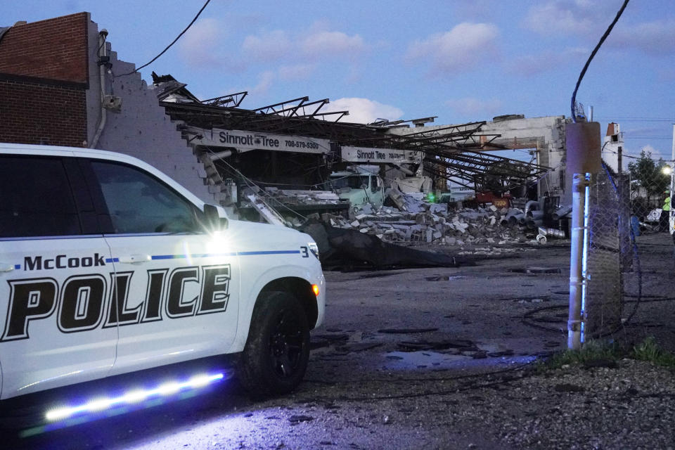 Damage is seen to the Sinnott Tree Service building in McCook, Ill., Wednesday, July 12, 2023. A tornado touched down Wednesday evening near Chicago’s O’Hare International Airport, prompting passengers to take shelter and disrupting hundreds of flights. There were no immediate reports of injuries. . (AP Photo/Nam Y. Huh)