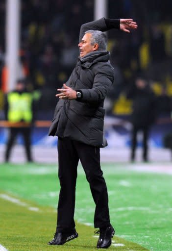 Head coach of Real Madrid Jose Mourinho reacts during the round of 16, first leg UEFA Champions League match against CSKA Moscow in Moscow. The match ended in a 1-1 draw