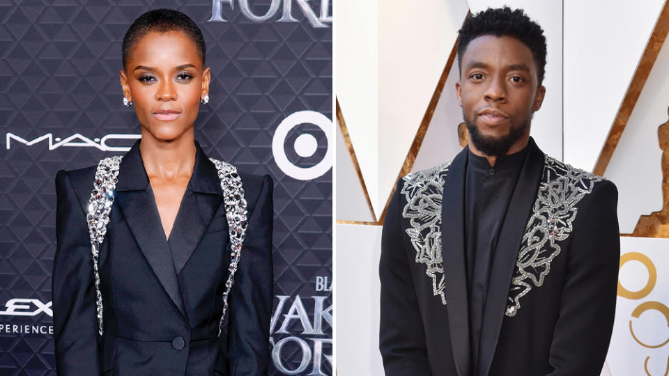 Letitia Wright at the “Wakanda Forever” premiere on Oct. 26, 2022; Chadwick Boseman at the Oscars on March 4, 2018.