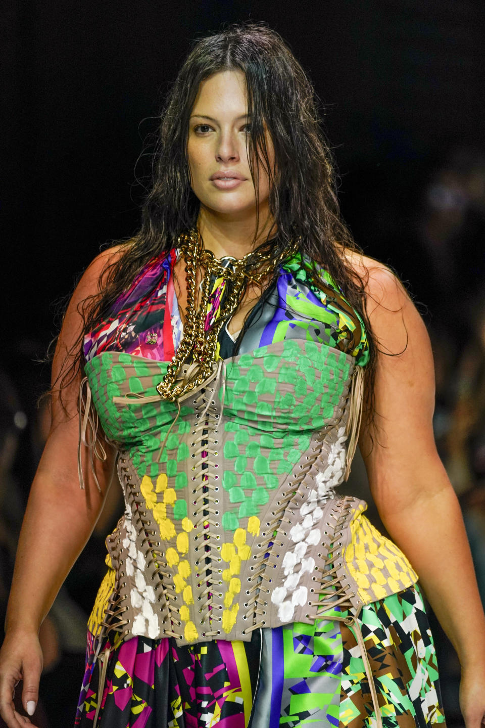 Ashley Graham wears a creation as part of the Matty Bovan women's Spring Summer 2023 collection, supported by Dolce & Gabbana, presented in Milan, Italy, Sunday, Sept. 25, 2022. (AP Photo/Alberto Pezzali)