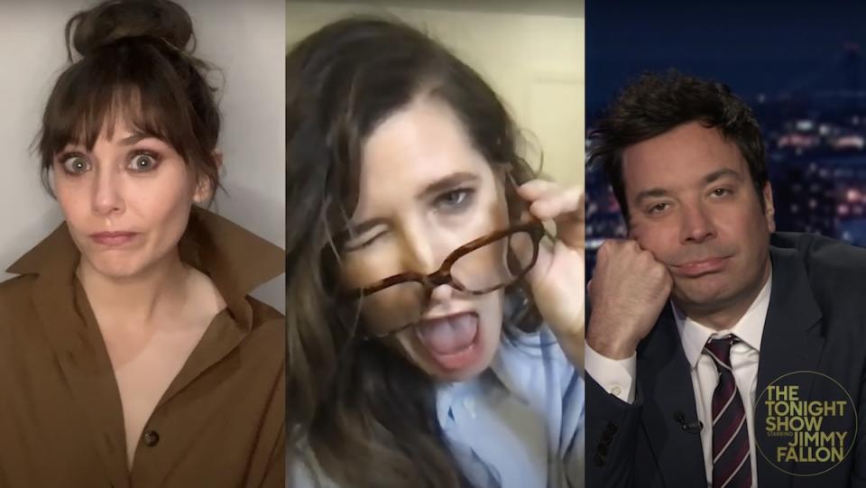 A triple box of Elizabeth Olsen, Kathryn Hahn, and Jimmy Fallon, from The Tonight Show's parody of WandaVision