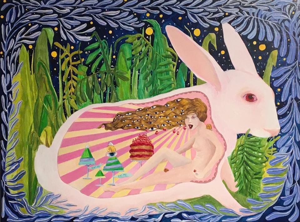 "Inside the Belly of the Rabbit (baby venus)," oil on panel, by Dana Sherwood.