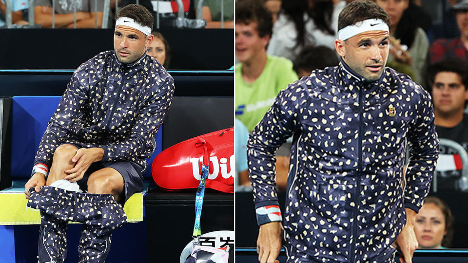 Seen here, Grigor Dimitrov's tracksuit created plenty of buzz on day one of the Australian Open.