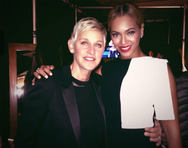 Backstage at the Grammys 2013: Not content with posing with Adele, Ellen DeGeneres then hunted down Beyonce. They posed for this Twitpic together. Copyright [Ellen DeGeneres]