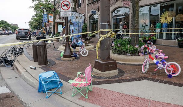 PHOTO: hairs and bicycles lie abandoned after people fled the scene of a deadly mass shooting at a 4th of July celebration and parade in Highland Park, Ill., July 4, 2022. (TANNEN MAURY/EPA via Shutterstock)