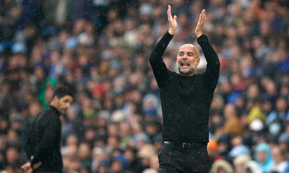 <span>Pep Guardiola gestures to his players as Mikel Arteta looks on during Sunday’s eventful encounter at the Etihad Stadium.</span><span>Photograph: Dave Thompson/AP</span>