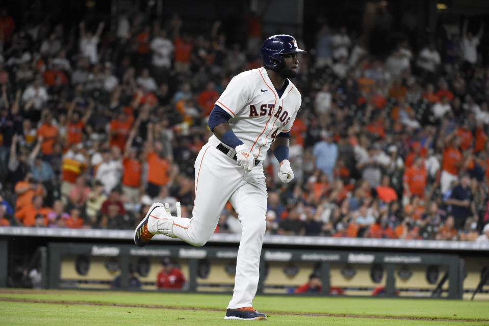 Houston Astros' Yordan Alvarez rounds the bases after hitting a solo home run during the fourth inning of a baseball game against the Minnesota Twins, Saturday, Aug. 7, 2021, in Houston. (AP Photo/Eric Christian Smith)