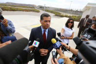 Attorney General of California Xavier Becerra speaks to the media at the U.S.-Mexico border at the Pacific Ocean after announcing a lawsuit against the Trump Administration over its plans to begin construction of border wall in San Diego and Imperial Counties, in San Diego, California, U.S., September 20, 2017. REUTERS/Mike Blake