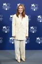 <p>The actor opted for a classically elegant look: an oversized Celine by Hedi Slimane cream tailored suit by and matching heels. </p>