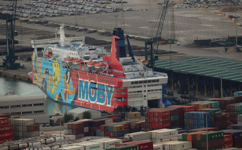 "Moby Dada" ferry ship, which the Spanish Interior Ministry has rented to house hundreds of National Police and Civil Guard officers  - Credit: REUTERS/Albert Gea