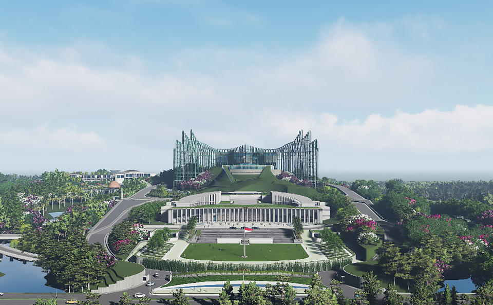 This undated handout showing computer-generated imagery released by Nyoman Nuarta on January 18, 2022 shows a design illustration of Indonesia's future presidential palace in East Kalimantan, as part of the country's relocation of its capital from slowly sinking Jakarta to a site 2,000 kilometres (1,200 miles) away on jungle-clad Borneo island that will be named 