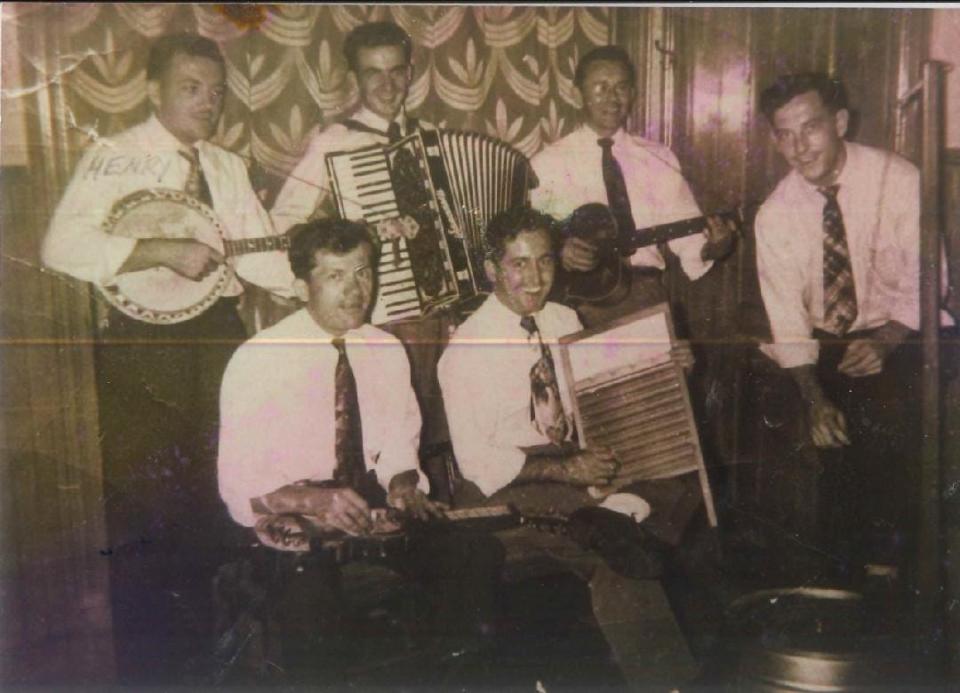 The Haughville Slickers circa 1947, from left to right: Hank Brodnik, Louie Brodnik, Joe Banich, John Cimmerman, Louis "Crunch" Trusnik, John Medjeski.