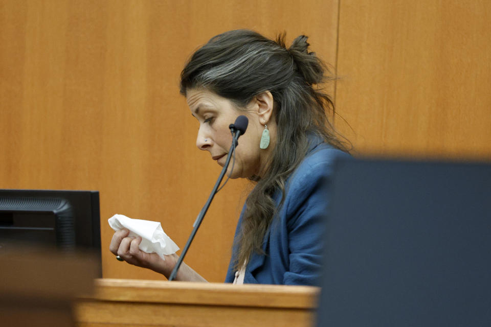 Polly Grasham, daughter of Terry Sanderson, reacts to questioning in court on Thursday, March 23, 2023, in Park City, Utah. Terry Sanderson is suing Paltrow for $300,000, claiming she recklessly crashed into him while the two were skiing on a beginner run at Deer Valley Resort in Park City, Utah in 2016. (AP Photo/Jeff Swinger, Pool)