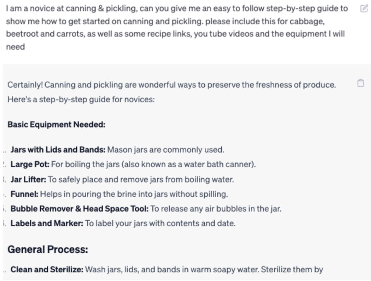Screenshot of question asked to ChatGPT, 'Step-by-step guide to canning and pickling'