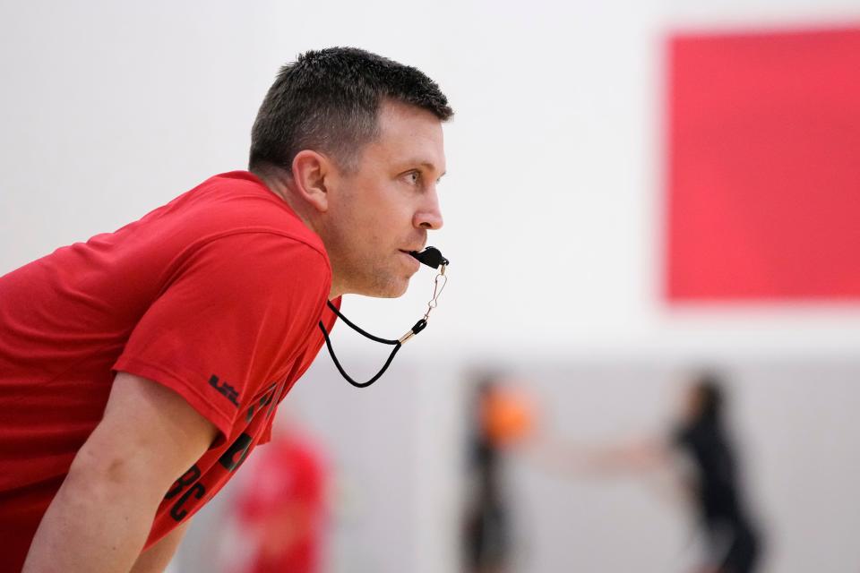 Ohio State men's basketball coach Jake Diebler watches his team during a workout on Tuesday.