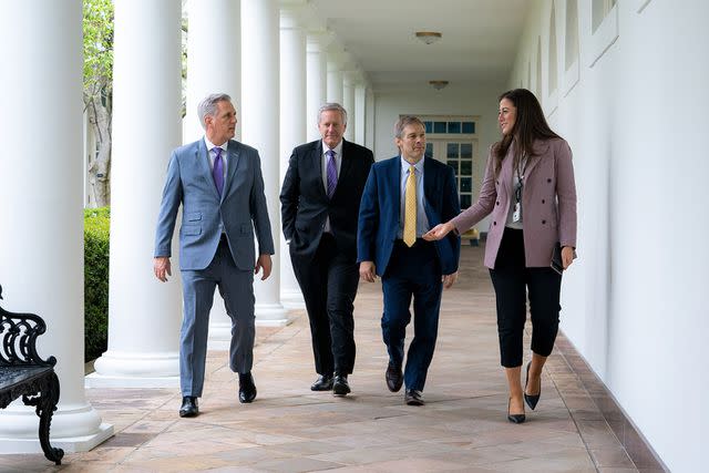 <p>Tia Dufour/The White House</p> Cassidy Hutchinson walks past the White House Rose Garden on April 4, 2020, with top Republican officials (from left: Kevin McCarthy, Mark Meadows, Jim Jordan)