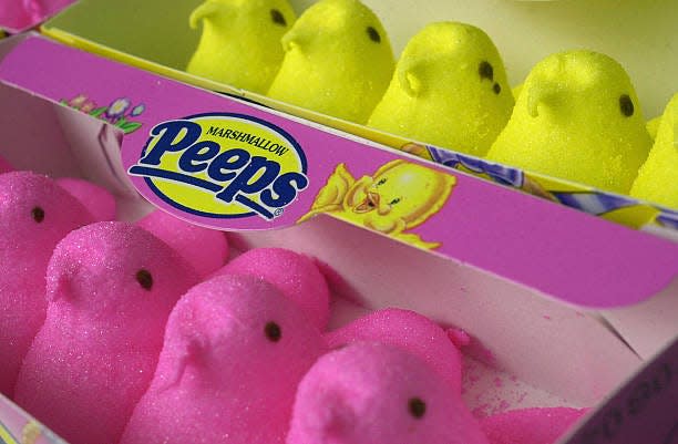 Pink and yellow Marshmallow Peeps are seen April 18, 2003 in Warminster, Pennsylvania.