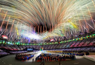 Fireworks explode over the stadium during the Closing Ceremony on Day 16 of the London 2012 Olympic Games at Olympic Stadium on August 12, 2012 in London, England. (Photo by Mike Hewitt/Getty Images)<br><br> <b>Related photos:</b> <span>London 2012 Closing Ceremony</span>
