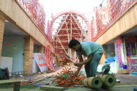 Indian Labor worked at a pandal ahead of Durga Puja Festival in Kolkata, on October 14, 2020. India is the second worst-nation in terms of confirmed coronavirus caseload. (Photo by Debajyoti Chakraborty/NurPhoto via Getty Images)