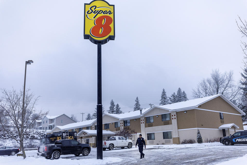 Police and the BCA at the scene where two people were shot and killed Monday night at a Super 8 hotel in Cloquet, Minn., on Tuesday, Jan. 9, 2024. (Elizabeth Flores/Star Tribune via AP)