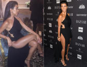 Ebenfalls extrem was los war bei dem Kleid von Anthony Vaccharello, in dem Kourtney Kardashian auf dem „Harper’s Bazaar“-Event im Rahmen der New Yorker Fashion Week aufkreuzte. (Bilder: Instagram/kourtneykardash, Getty Images)