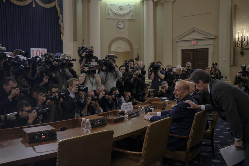 Ambassador Gordon Sondland readies himself at the start of the House Intelligence Committee hearing on the impeachment inquiry on Capitol Hill in Washington, D.C. on Nov. 20, 2019. | Gabriella Demczuk for TIME