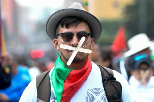 A protester taking part in a general strike against the policies of President Ivan Duque's right-wing government in Bogota