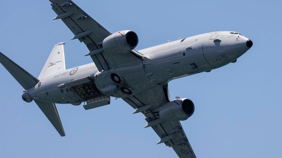 A P-8 Poseidon aircraft with the Royal Australian Air Force performs a handling display during an air show in 2023. (FSGT Ricky Fuller/Australian Defence Department)