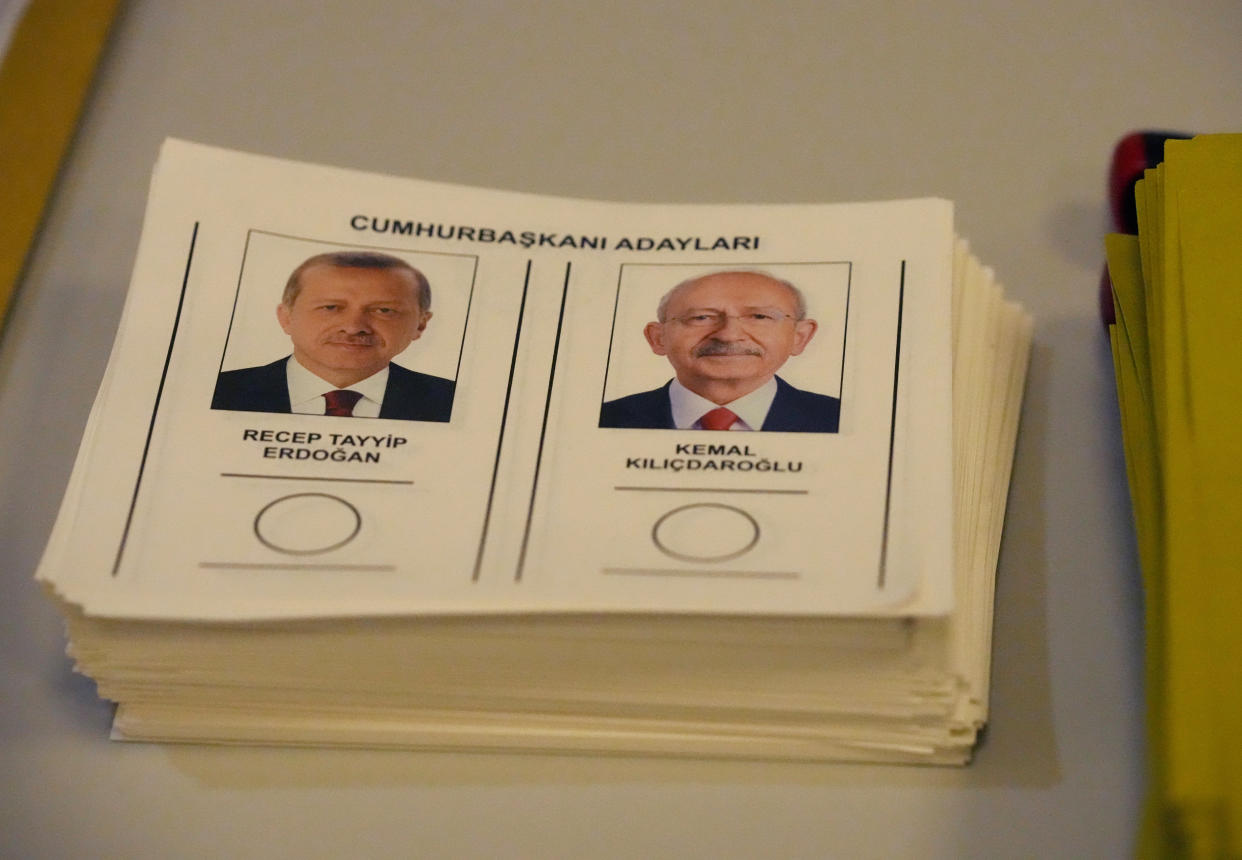 A ballot with the names and images of two presidential candidates, Recep Tayyip Erdogan, left, and Kemal Kilicdaroglu, at a polling station, in Ankara, Turkey, Sunday, May 28, 2023. Voters in Turkey returned to the polls Sunday to decide whether the country’s longtime leader, Erdogan, stretches his increasingly authoritarian rule into a third decade or is unseated by a challenger who has promised to restore a more democratic society. (AP Photo/Burhan Ozbilici)