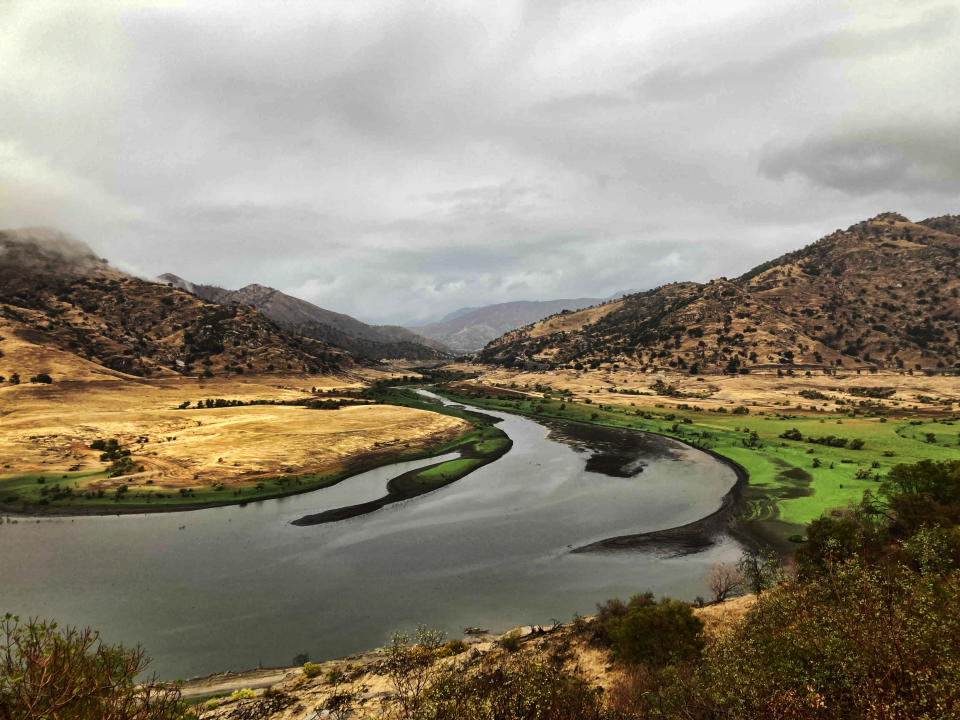 Water flows at the inflow to Lake Kaweah, a large reservoir in Three Rivers, Calif., Monday, Oct. 25, 2021. (AP Photo/Brian Melley)