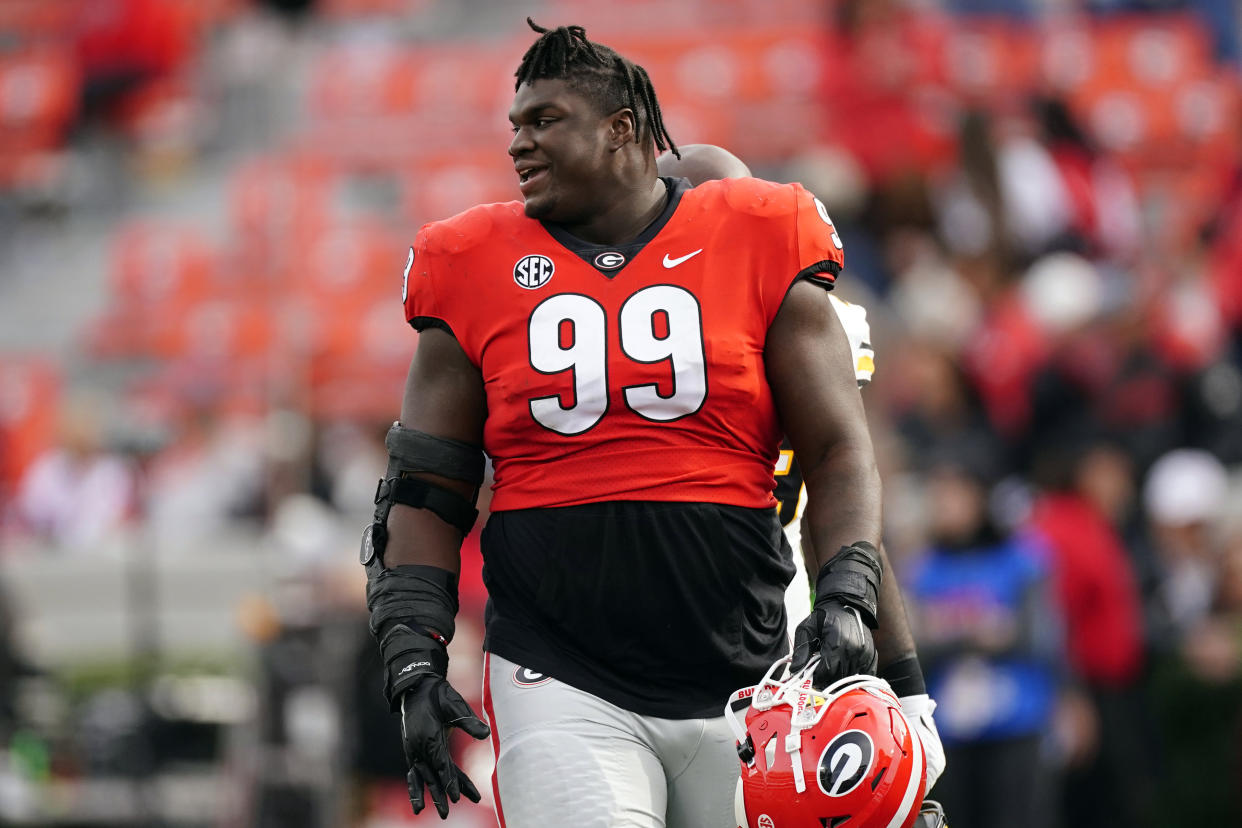 Georgia defensive lineman Jordan Davis (99) is shown after defeating Missouri in an NCAA college football game Saturday, Nov. 6, 2021, in Athens, Ga.. (AP Photo/John Bazemore)