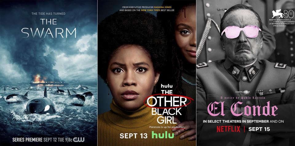 This combination of images shows promotional art for "The Swarm," a series premiering Sept. 12 on The CW, left, "The Other Black Girl," a series premiering Sept. 13 on Hulu, center, and "El Conde," a film premiering Sept. 15 on Netflix. (The CW/Hulu/Netflix via AP)