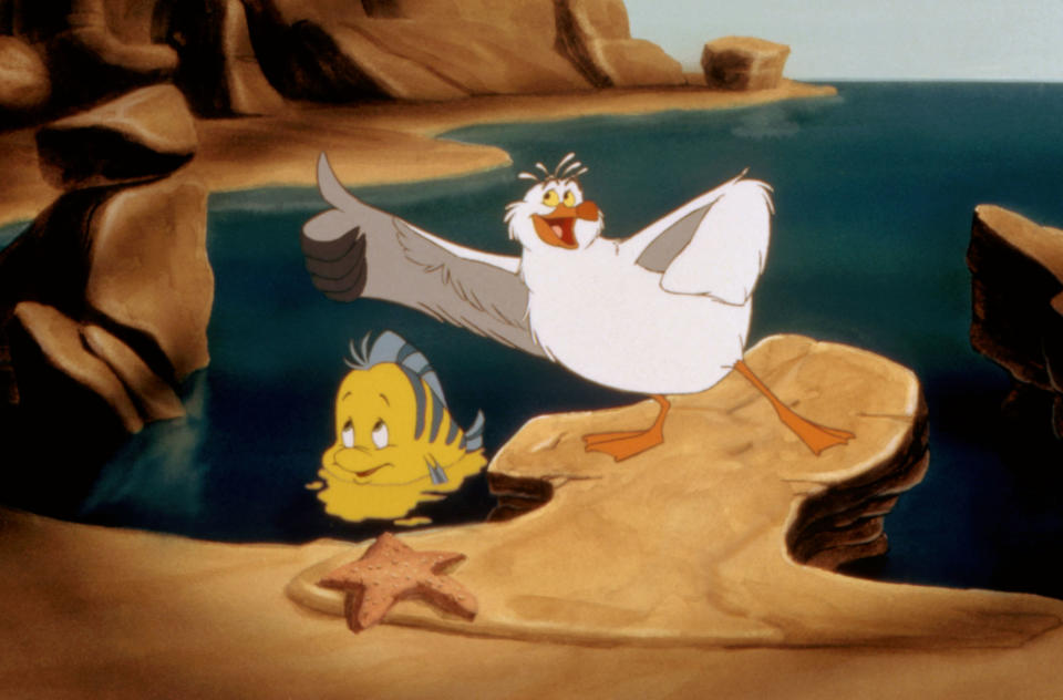 Flounder in the water as Scuttle stands by on a rock