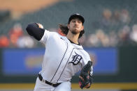 Detroit Tigers starting pitcher Michael Lorenzen throws during the first inning of a baseball game against the Arizona Diamondbacks, Friday, June 9, 2023, in Detroit. (AP Photo/Carlos Osorio)