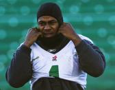 Saskatchewan Roughriders Kory Sheets stands during practice in Regina, Saskatchewan, November 22, 2013. The Saskatchewan Roughriders will play against the Hamilton Tiger-Cats in the CFL's 101st Grey Cup in Regina. REUTERS/Mark Blinch (CANADA - Tags: SPORT FOOTBALL)