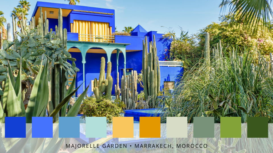 <p>French fashion designer Yves Saint Laurent's former garden is home to over 300 plant species, as well as his world-famous cobalt blue exterior. Now Morocco's most-visited tourist attraction, the scene-stealing colours here include blue, sunshine yellow, orange and green. </p>