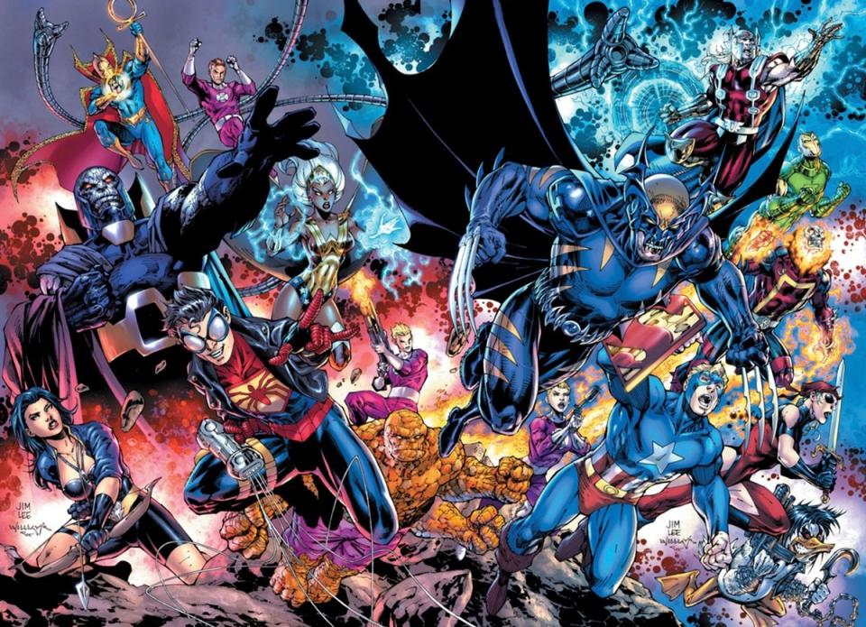 Jim Lee and Scott Williams' cover art for DC vs. Marvel: The Amalgam Age Omnibus. 