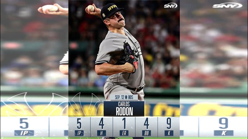 羅登（Carlos Rodon）對戰紅襪5局僅失1分，拿下轉戰洋基第3勝。（圖／翻攝自Yankees Videos推特）