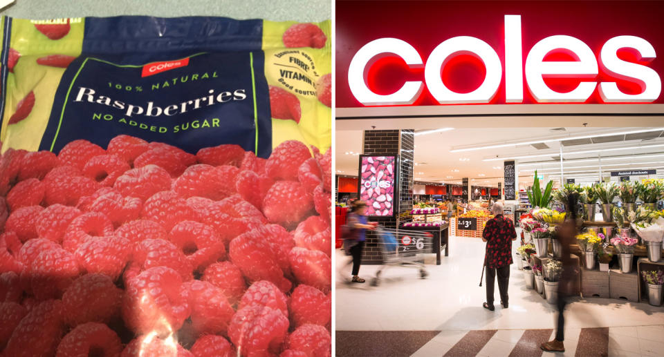 Coles frozen raspberry bag pictured next to front of Coles store.